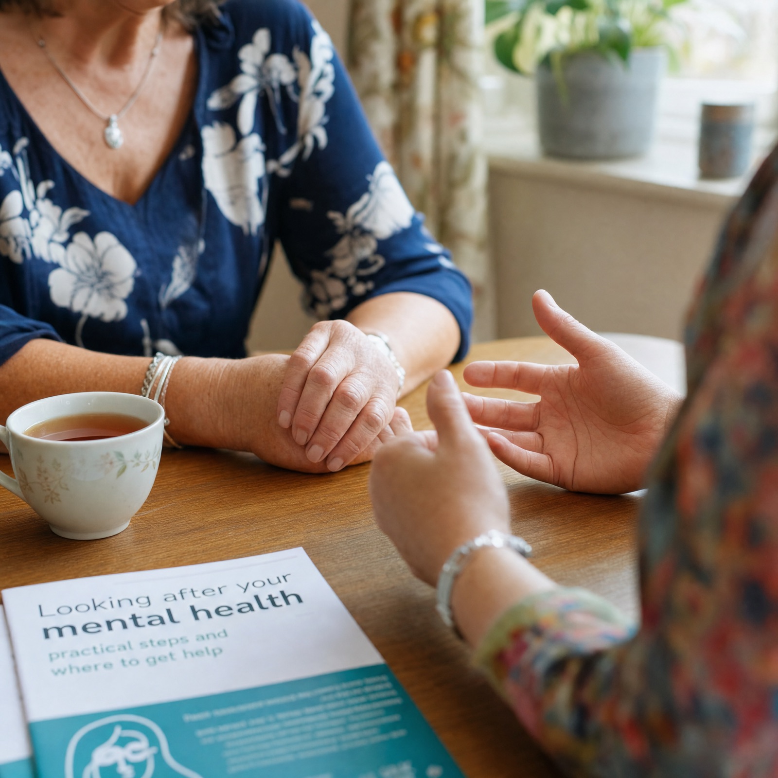 A health volunteer placing a blood pressure cuff on an older adult's arm at a community centre table